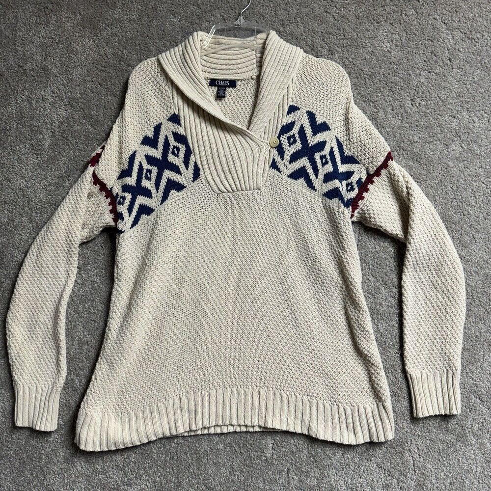 Chaps Sweater Womens XL Fair Isle Aztec Shawl Collar Warm Cozy Boho Grandpa Y2K